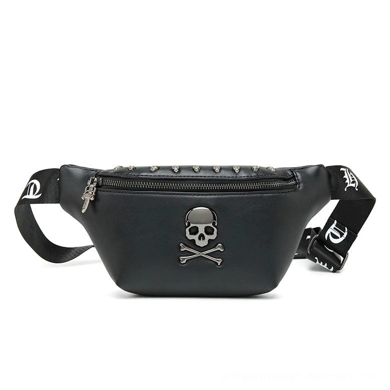 Black gothic skull crossbody waist bag with silver rivets and studded zipper, front flat lay view on white background