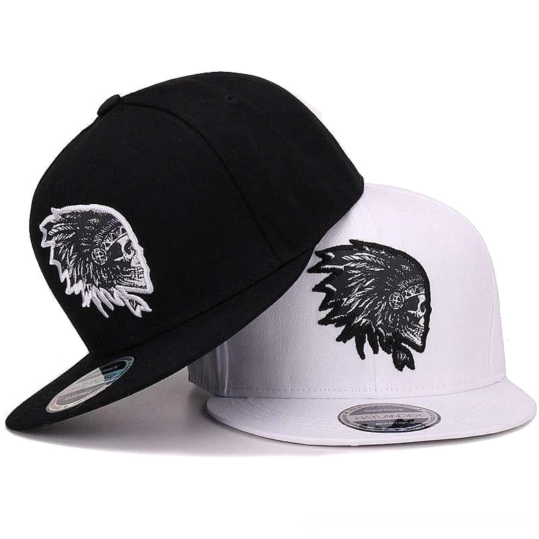 Black and white gothic skull embroidered snapback baseball caps front view, flat brim design