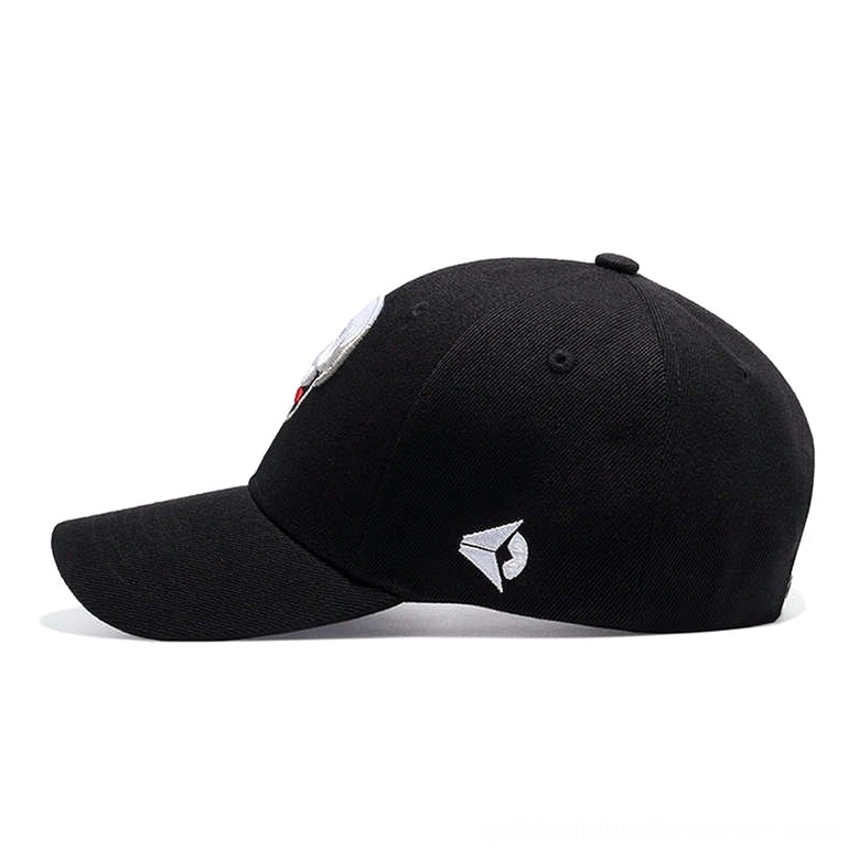 Dark alternative skull cap right side angle - partial view of embroidered skull design on adjustable snapback