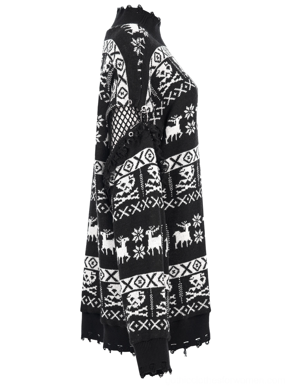 Gothic skull pullover side profile showing fair isle knit pattern and distressed sleeve openings