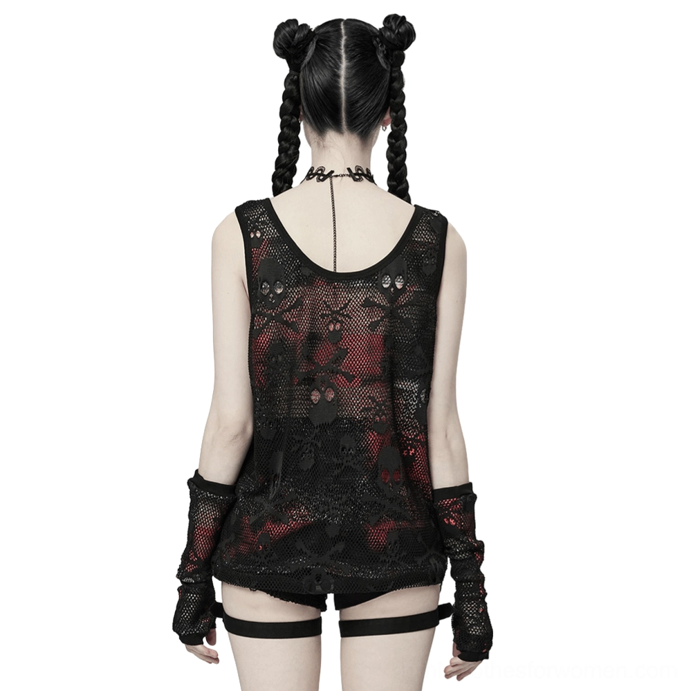 Gothic skull mesh tank and fingerless gloves set rear view displaying back skull print design and low-cut back