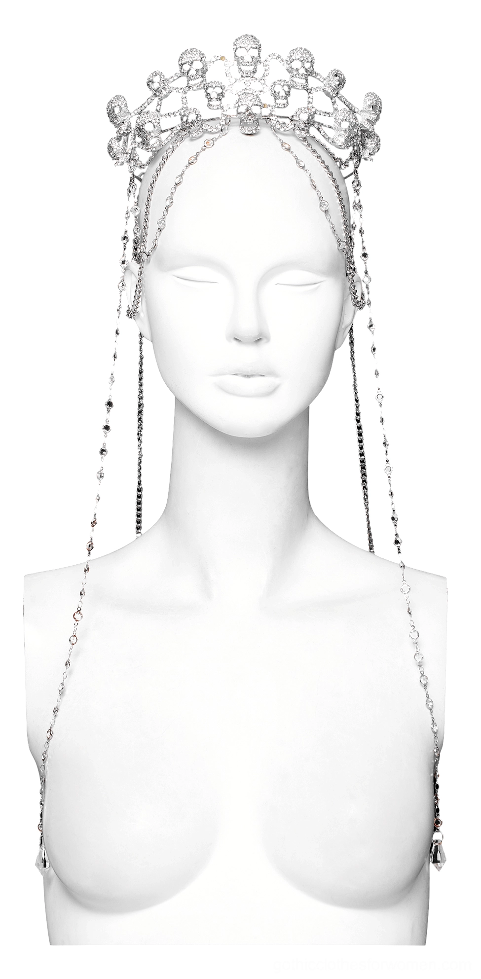 Rear view of gothic skull crown tiara showing long cascading back chains with heart-shaped crystal pendants on mannequin