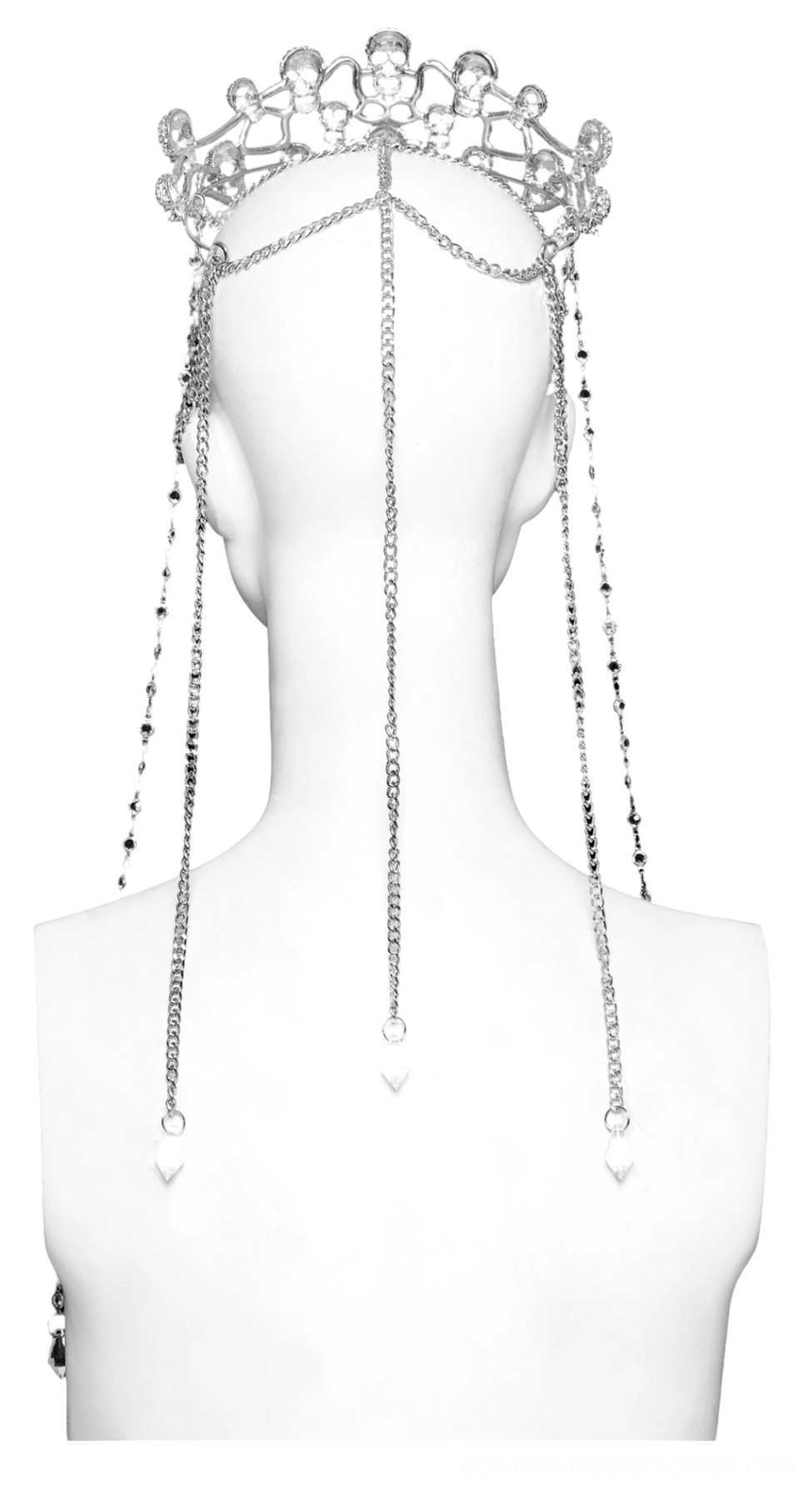 Left side profile view of multi-layered gothic skull tiara showing chain straps and hanging crystal embellishments