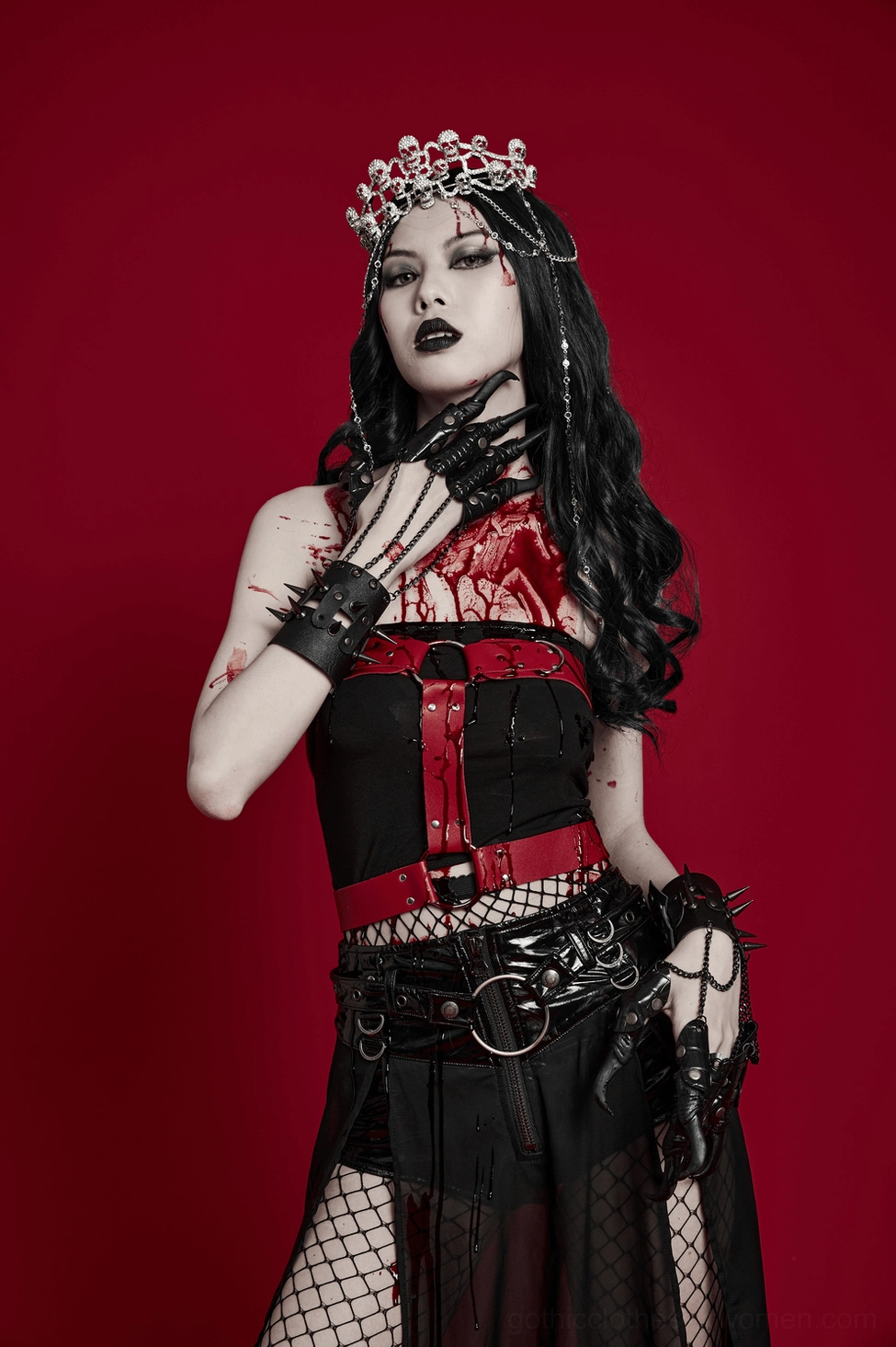 Gothic skull tiara with cascading crystal chains presenting main product view with silver metal finish and gem details