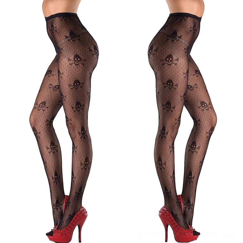 Repeated skull motifs fishnet tights right profile view on model