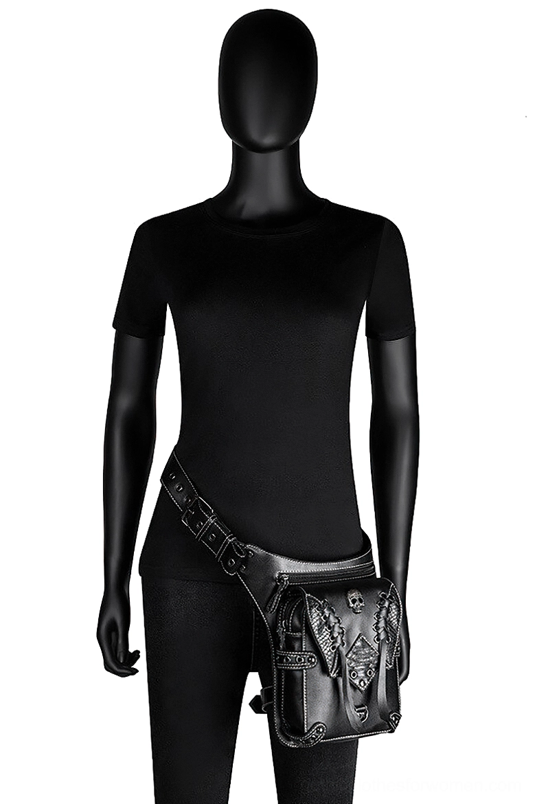 Complete gothic skull leather waist bag with all decorative elements and hardware visible