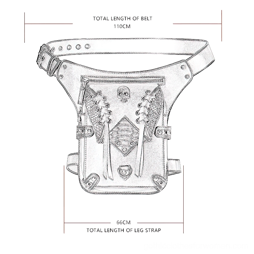 Gothic skull waist bag technical schematic showing belt length and strap dimensions