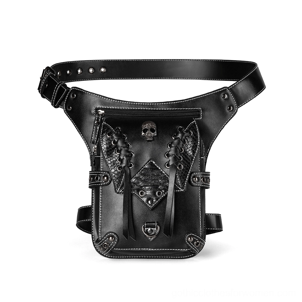 Black Gothic skull leather waist bag with rivets and lace-up front design - flat product view