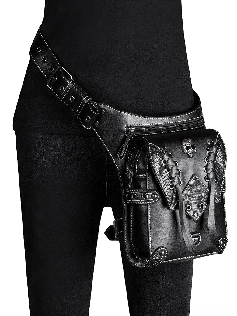 Gothic skull leather waist bag worn on hip - styling wearing perspective