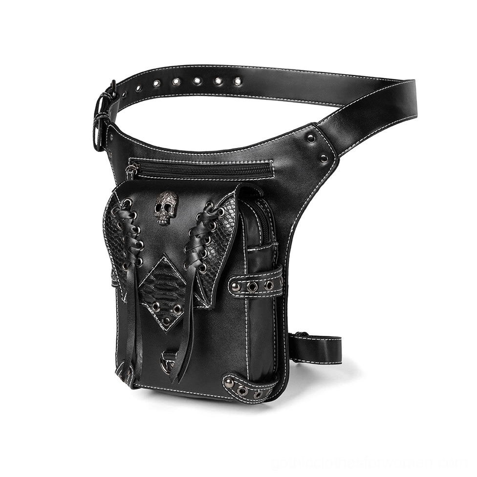 Black leather skull waist bag rear three-quarter view showing multi-strap design