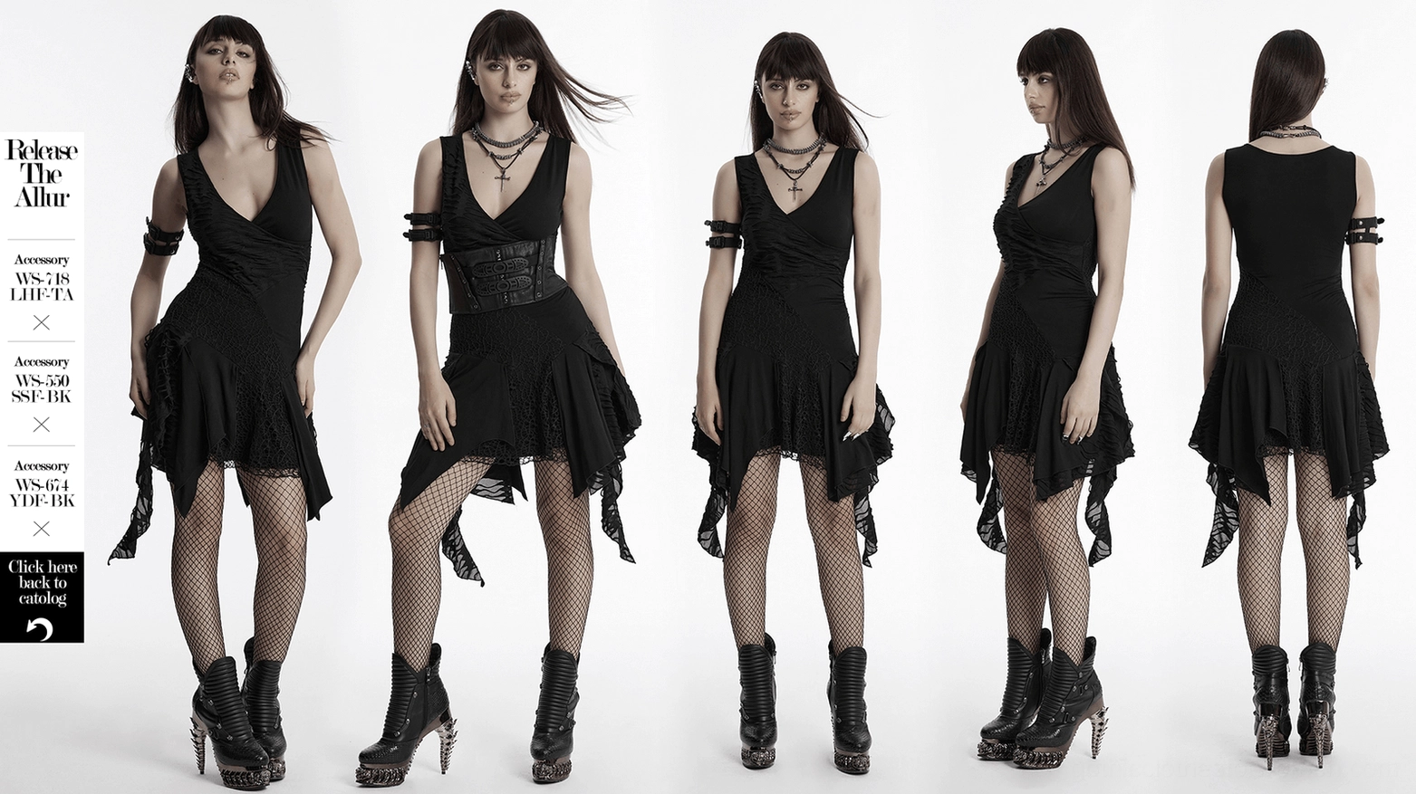 Black gothic asymmetrical sleeveless dress with mesh accents in alternative fashion context