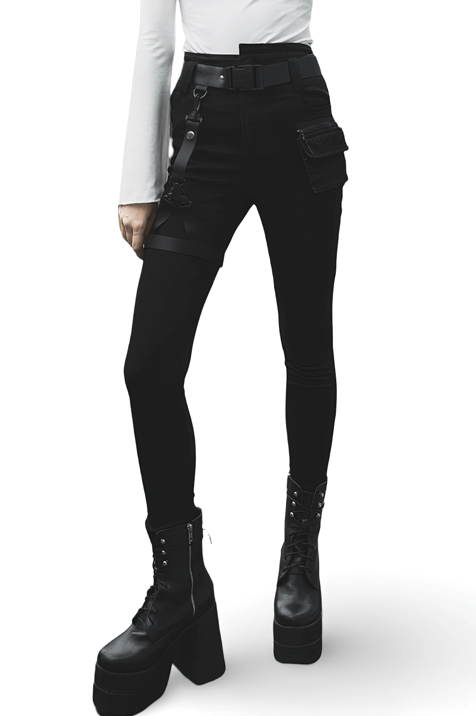 Gothic detachable belt slim denim jeans front view on model with thigh straps and platform boots