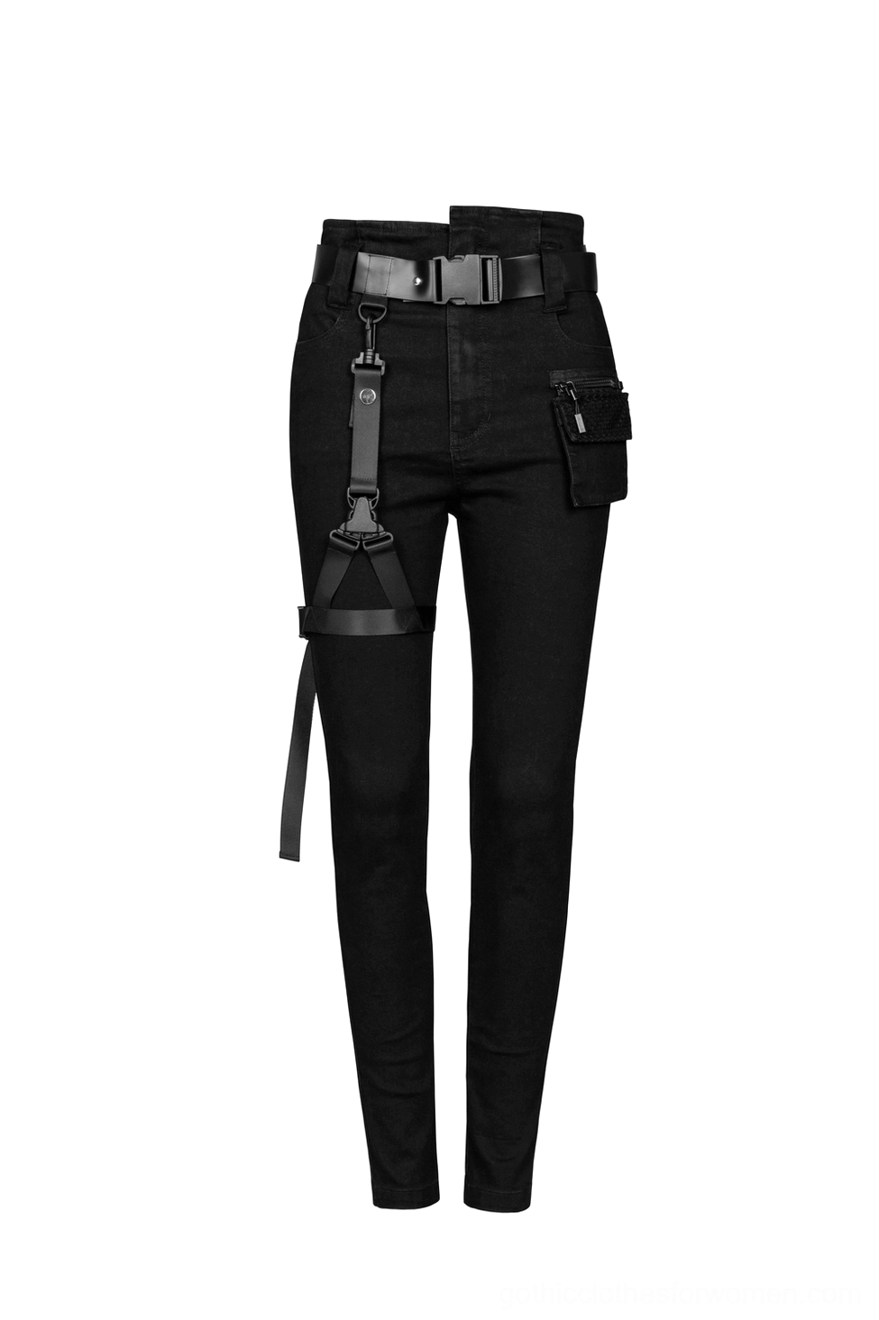 Front product shot of gothic slim fit black denim jeans with asymmetric waistband and removable belt