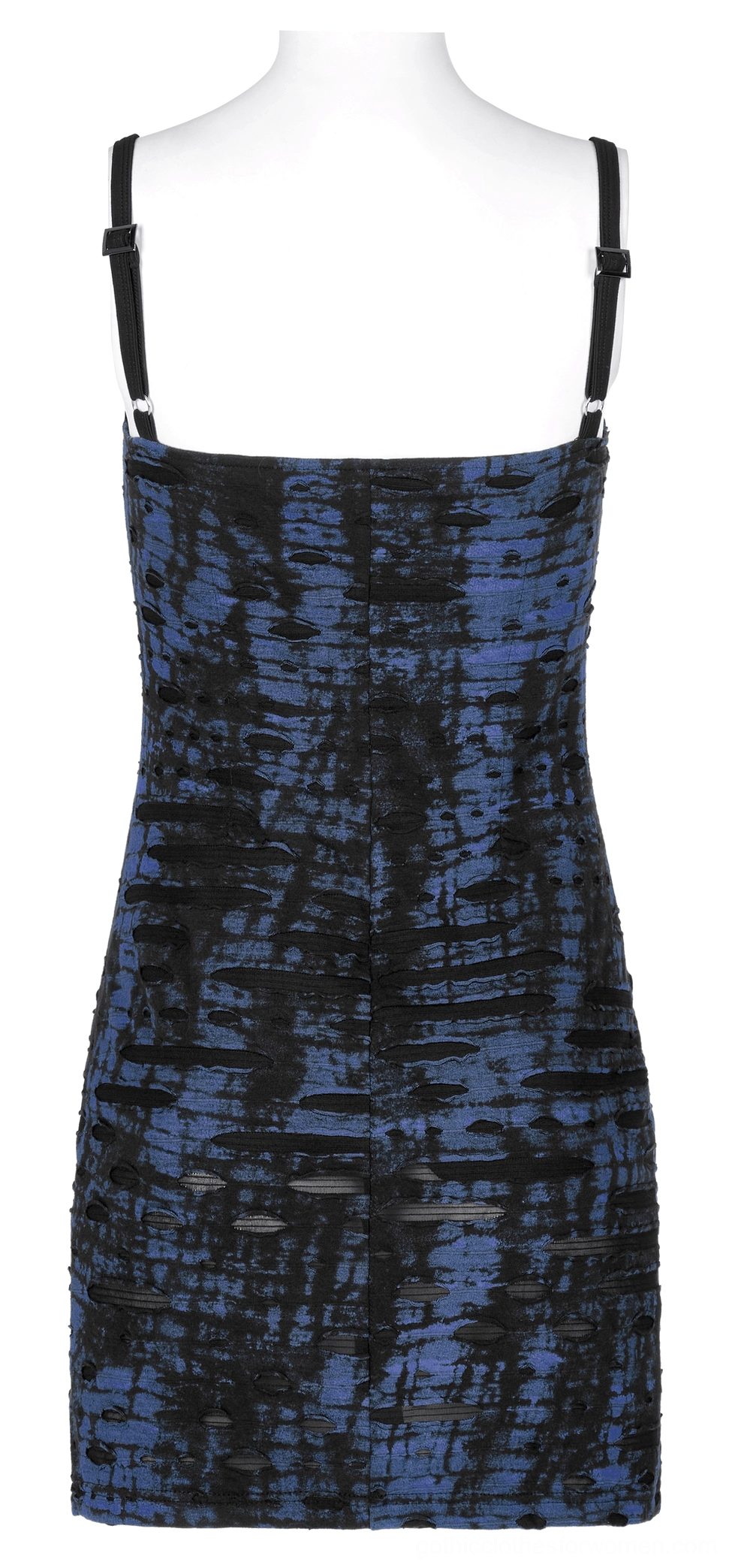 Backless gothic slip dress on mannequin showing adjustable metal D-ring straps and solid black back panel