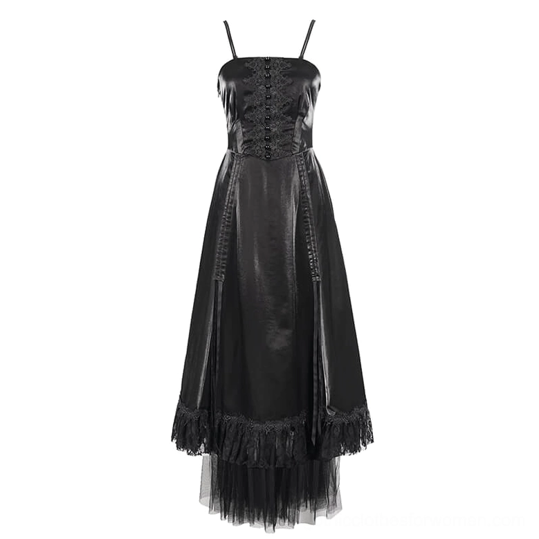 Black gothic slip dress flat lay display with button front bodice and ruffled lace tulle hem detail