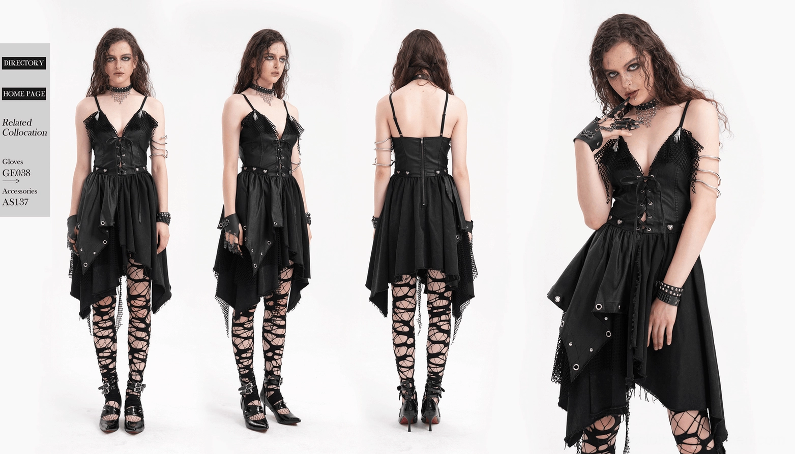 Comprehensive view of gothic asymmetric slip dress highlighting all design elements including corset lacing and mesh trim