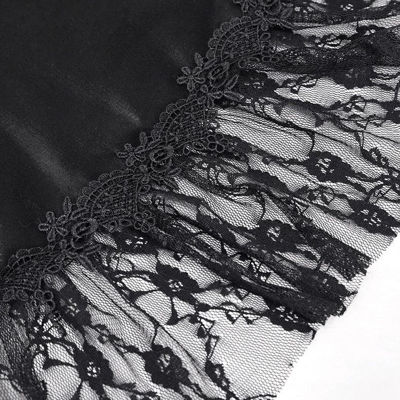 Alternative angle of black gothic slip dress showing drawstring waist and lace splice construction details