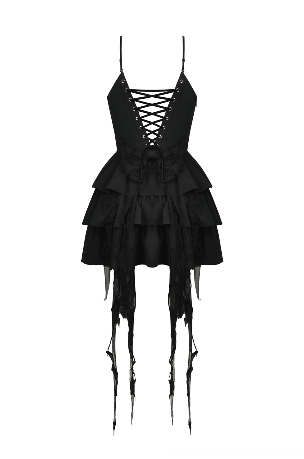 Black gothic dress back flat product shot with lace-up corset detail, metal eyelets, and fringe hem