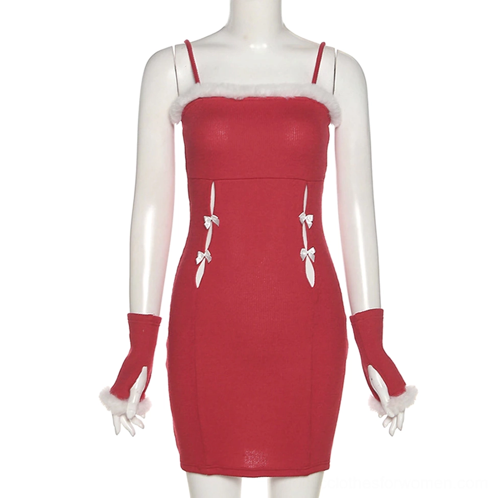 Gothic backless slip dress on mannequin displaying red fabric with white plush neckline trim and bow detail