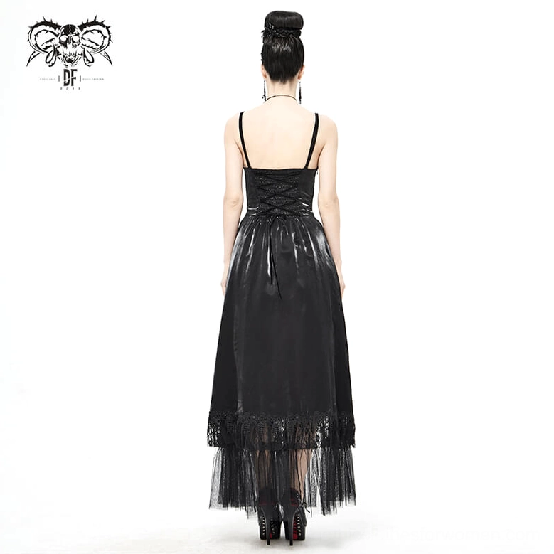 Side detail view of black gothic slip dress highlighting slim fit and elegant drape of fabric