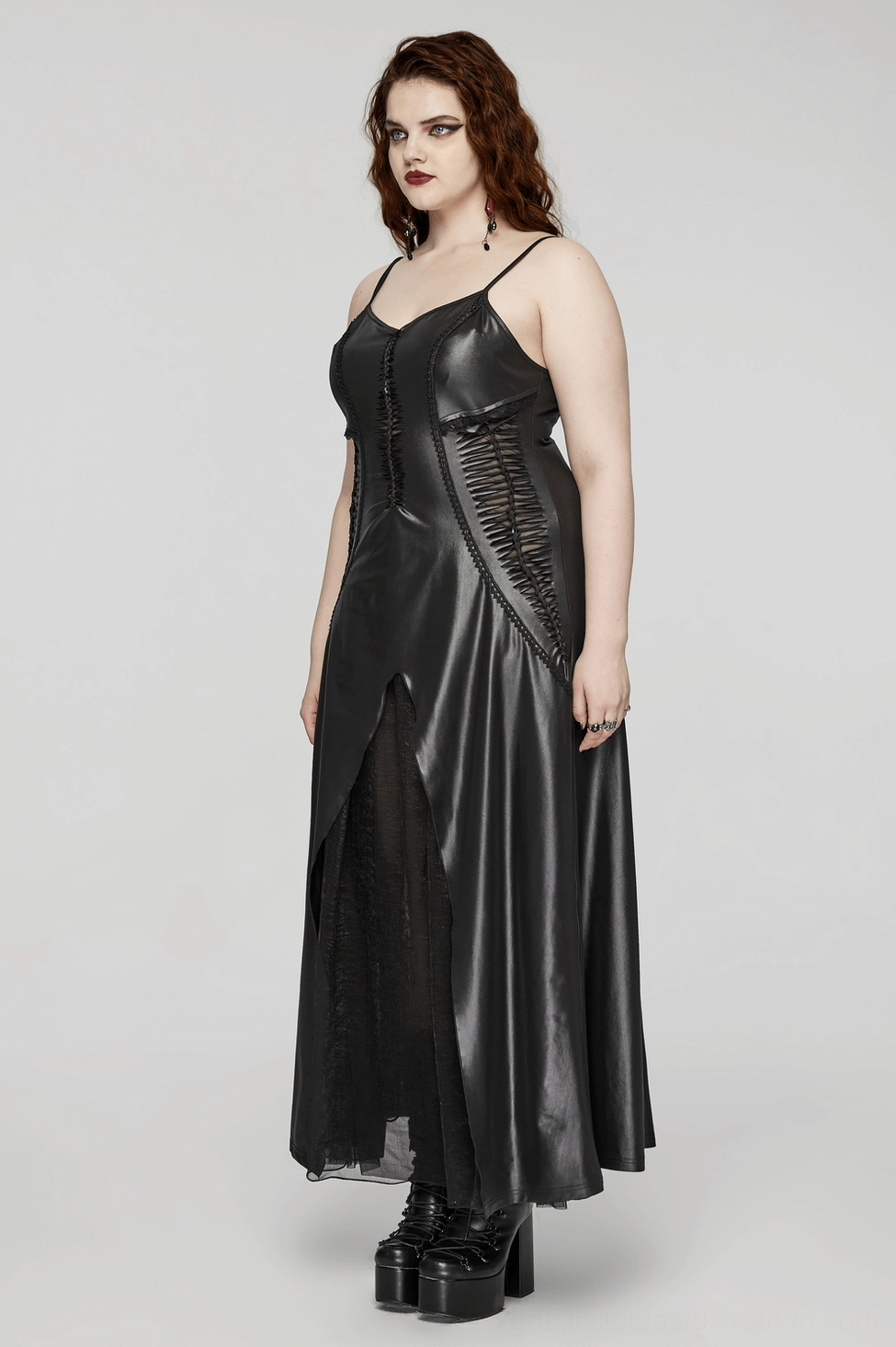 Detailed view of spaghetti straps and upper bodice construction on black gothic maxi slip dress