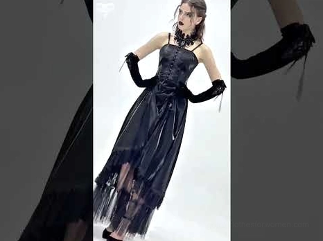 Alternative model wearing black gothic slip dress with long satin gloves and lace choker accessory