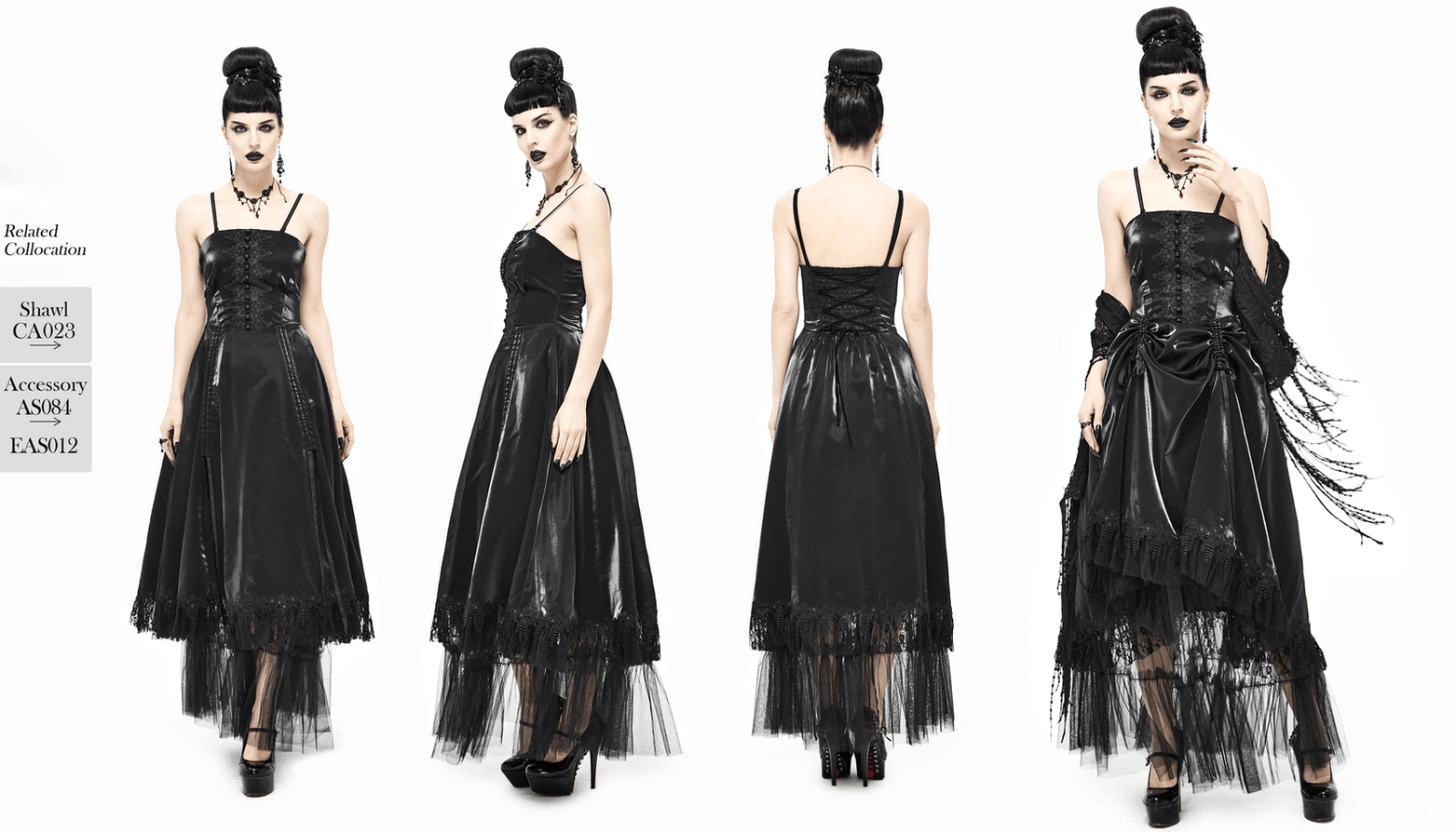 Black gothic slip dress detail showing spaghetti straps construction and upper bodice lace elements