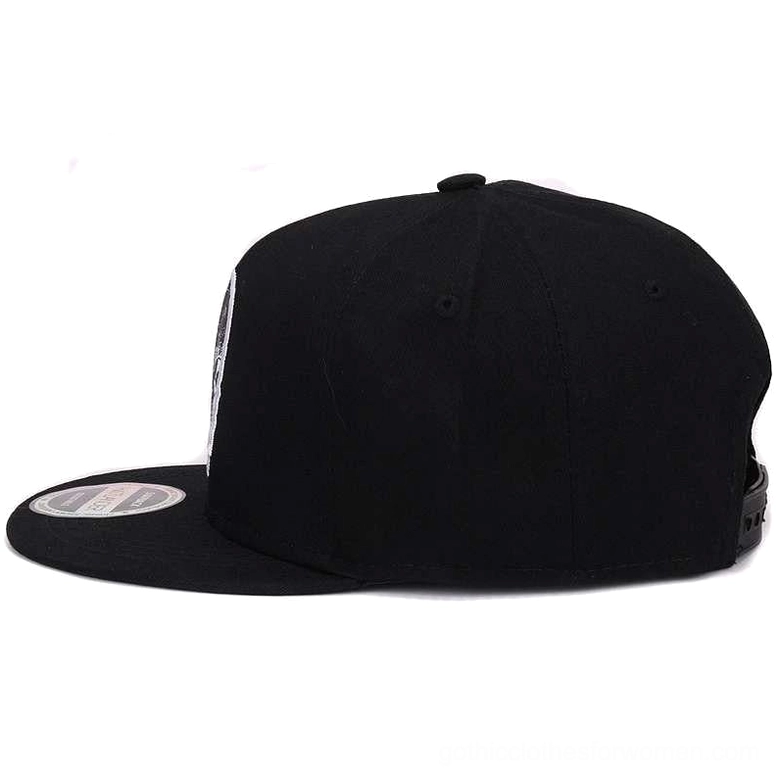 Black gothic skull snapback cap rear side view showing adjustable snap closure