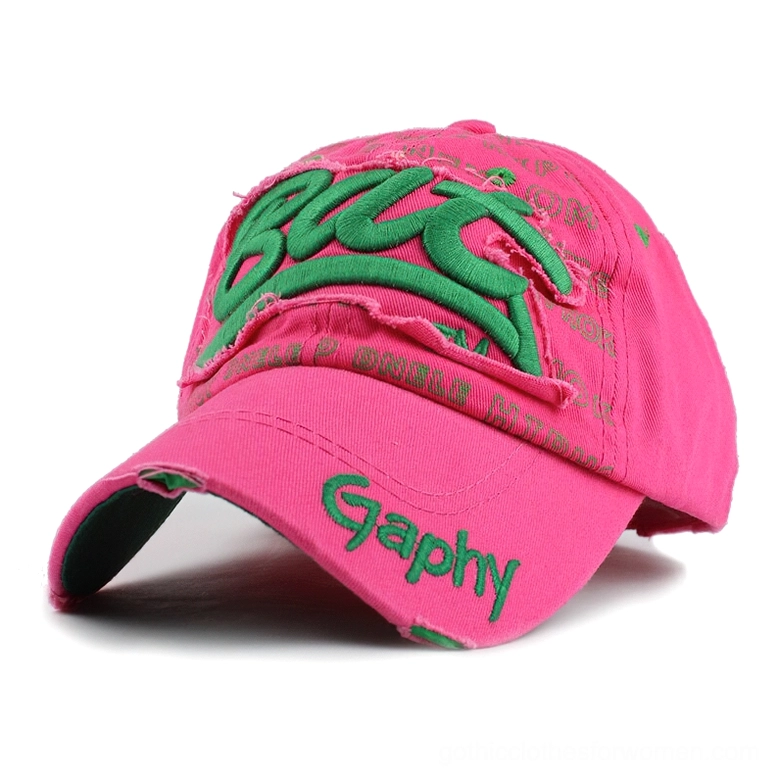 Hot pink gothic cap with green 3D embroidery, side view showing distressed details