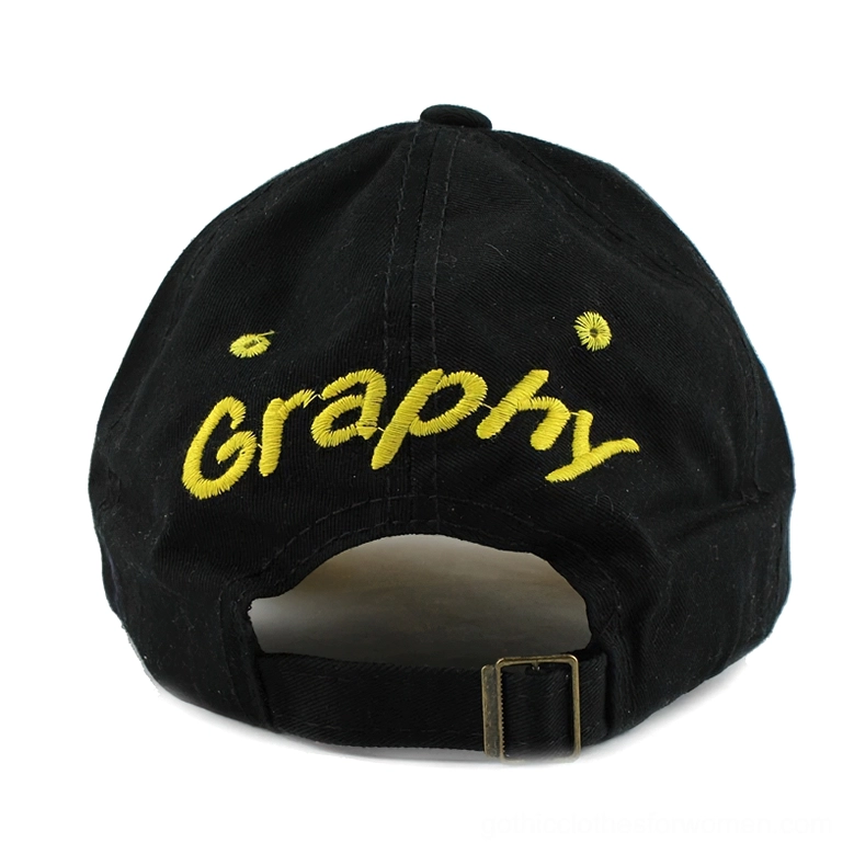 Black distressed gothic snapback cap rear view with yellow embroidered text and adjustable closure
