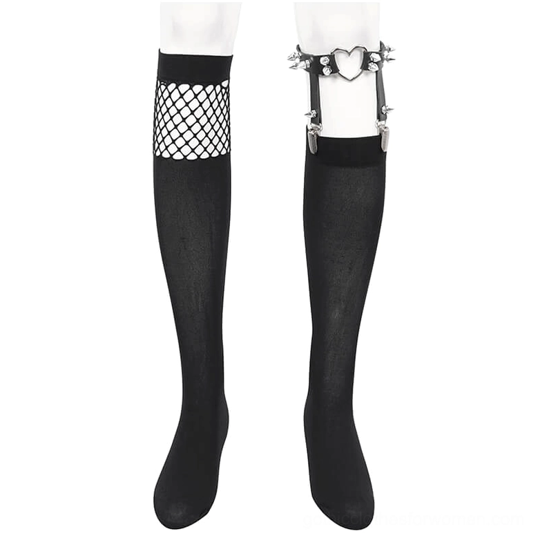 Close-up front view of asymmetrical gothic socks highlighting fishnet top section and solid black stocking body with leg strap