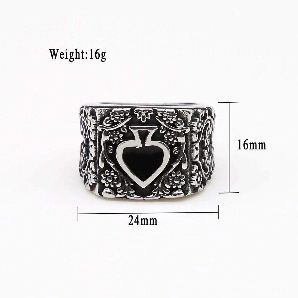 Spade gothic ring frontal view with size specifications 24mm x 16mm and 16g weight measurement