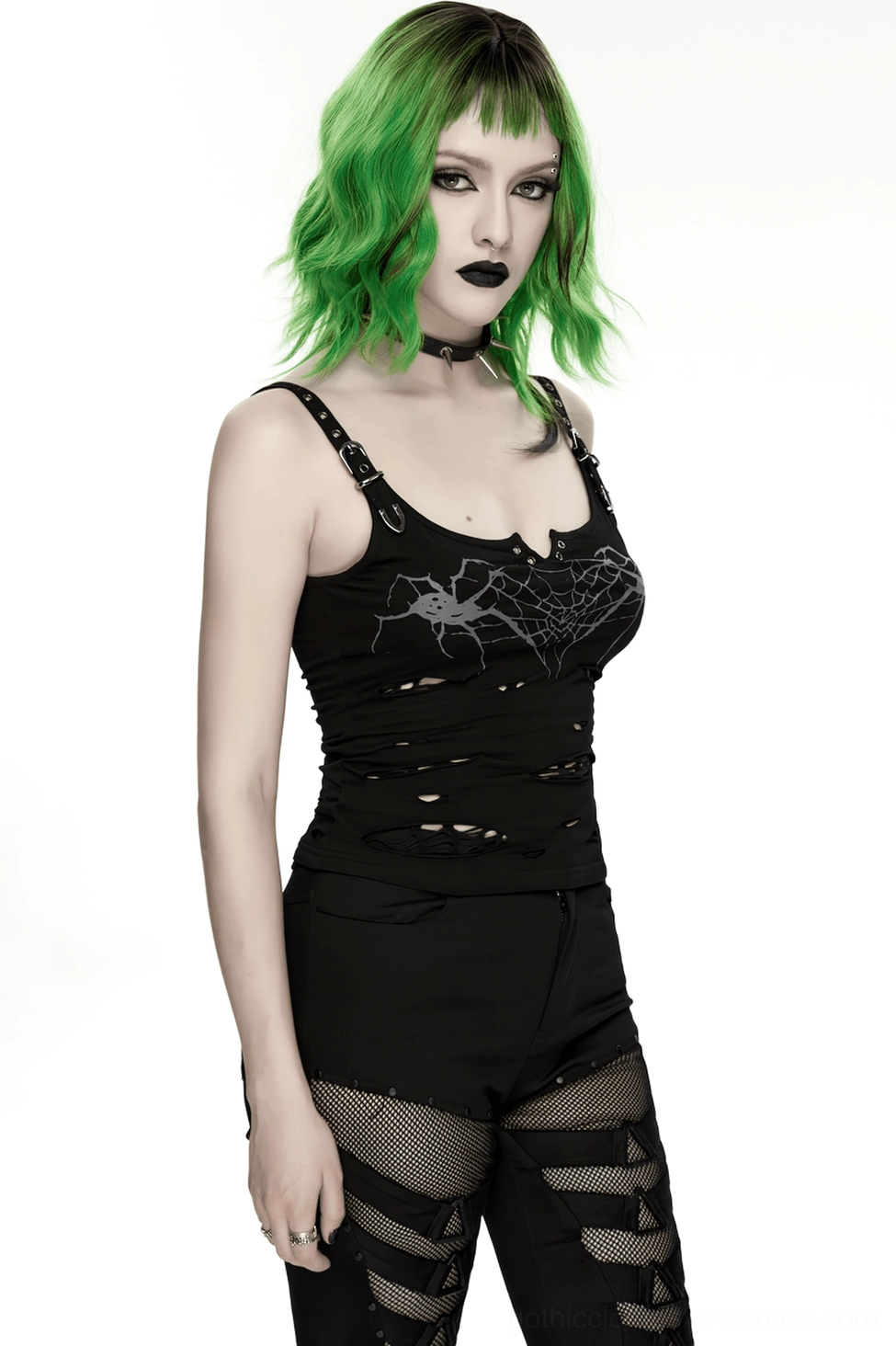 Black gothic spider web camisole worn by alternative model showcasing metal hardware details and design