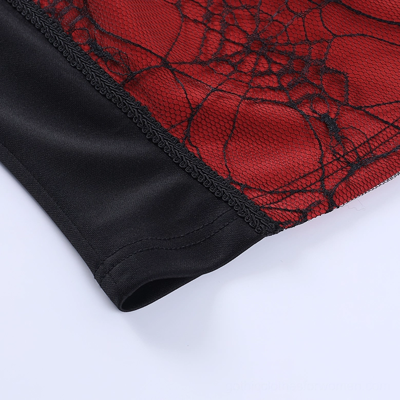 Gothic spider web crop top alternative angle, patchwork sleeveless tank showcasing color blocking and print placement