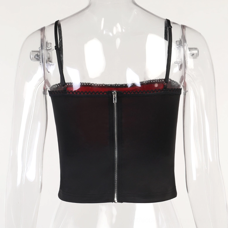 Black gothic spider web crop top on mannequin, back view, sleeveless tank with exposed zipper and red inner lining, patchwork design
