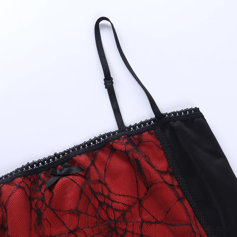 Gothic spider web patchwork cami crop top texture detail, showing fabric weave and spiderweb print quality, close-up product shot