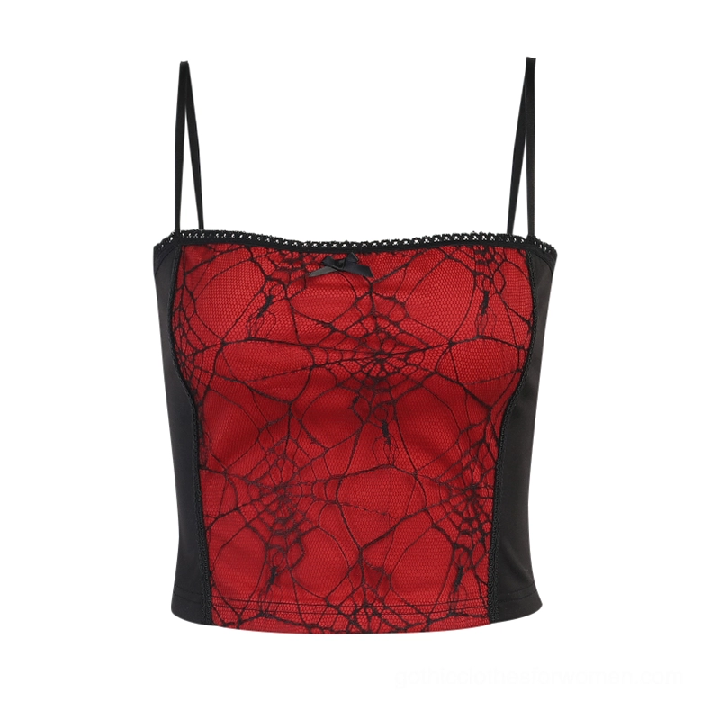 Red and black gothic spider web crop top flat lay, front view, patchwork sleeveless tank with intricate web print on white background