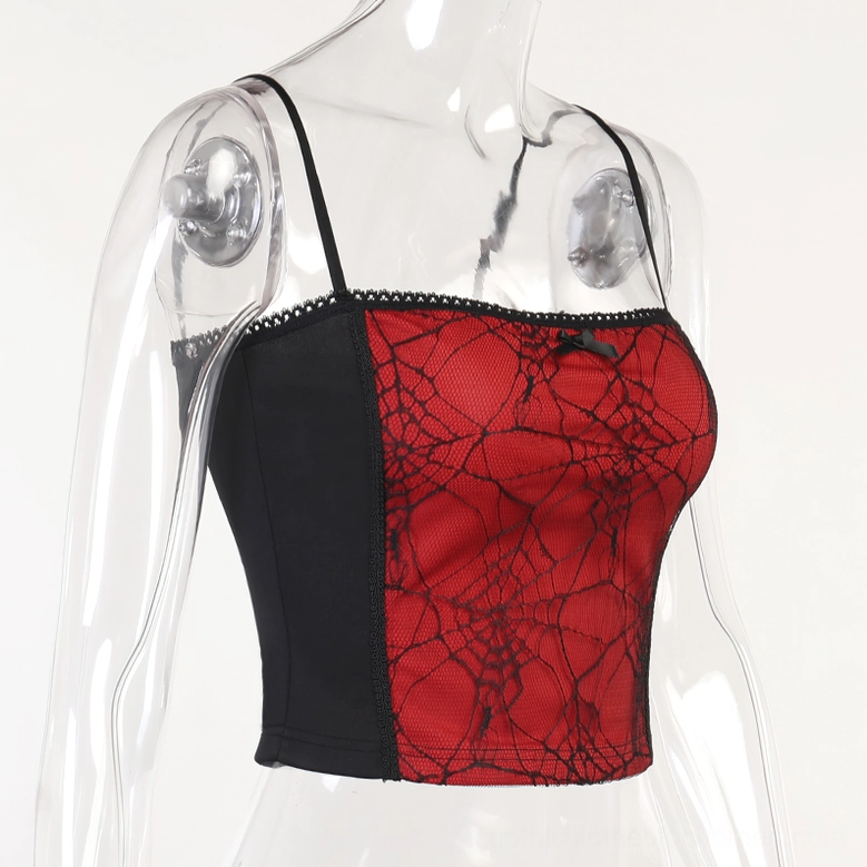 Red and black gothic patchwork cami crop top on mannequin, front view, slim shoulder straps, sleeveless design with spiderweb detailing