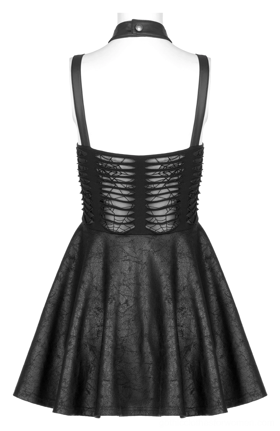 Black gothic spider web mini dress back view on mannequin showing open back and stretch cutout waist panel