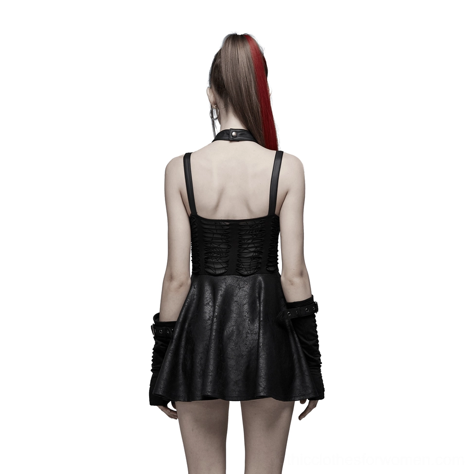 Black gothic spider web cutout mini dress back view on model revealing open back cutout design