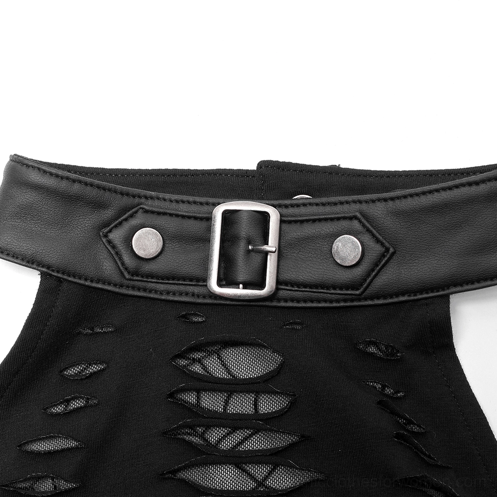 Close-up detail of faux leather belt buckle and spider web pattern cutout fabric on gothic dress