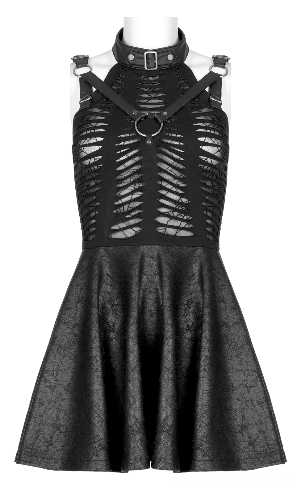 Black gothic spider web mini dress close-up showing faux leather flare skirt and harness strap details