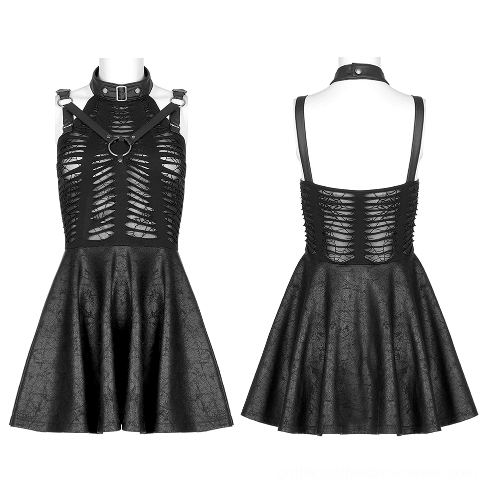 Black gothic spider web mini dress on mannequin front view with collar harness and mesh cutout bodice