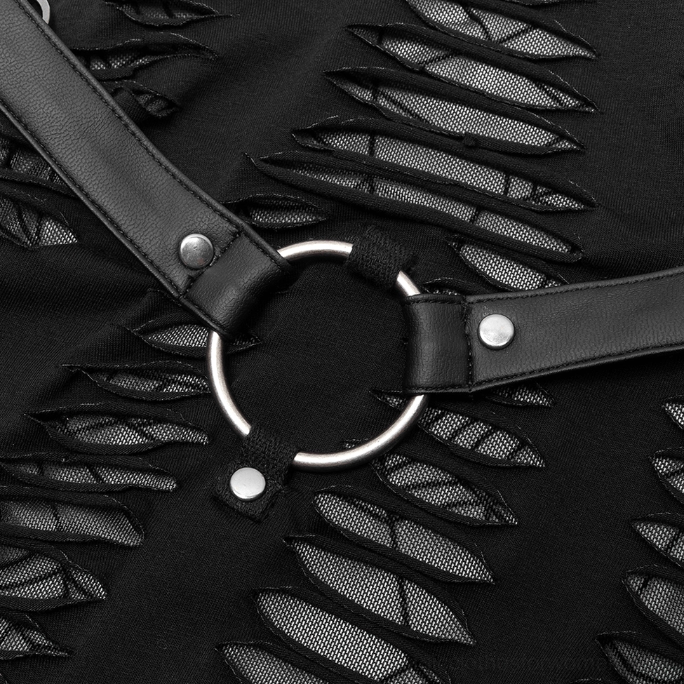 Close-up detail of black leather o-ring harness and mesh cutout fabric on gothic spider web dress