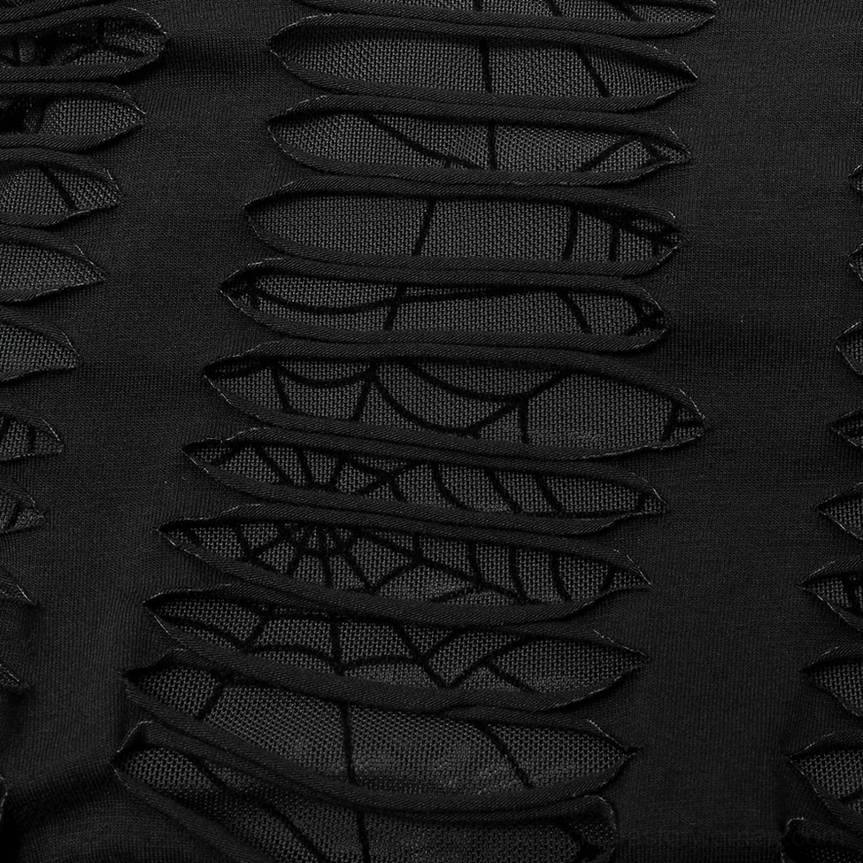 Flat lay detail showing full spider web pattern cutout and sheer mesh underlayer of gothic mini dress