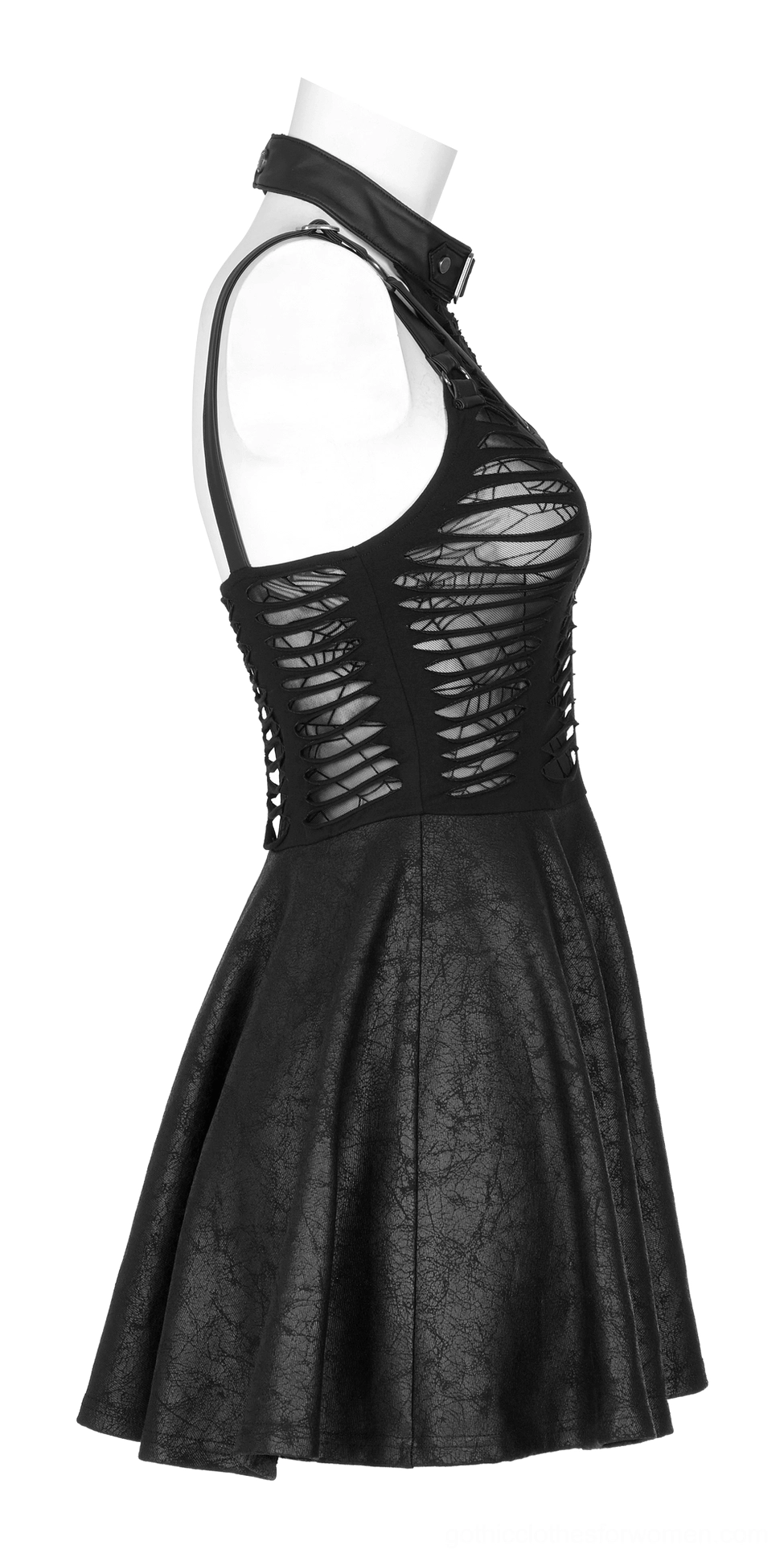 Black gothic spider web dress side view on mannequin featuring halter neck and fitted cutout bodice
