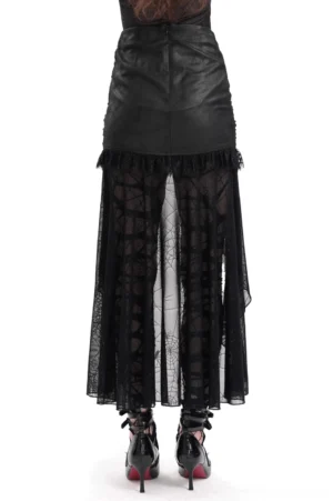 Black high-low gothic skirt back view showing sheer tulle train and elegant silhouette