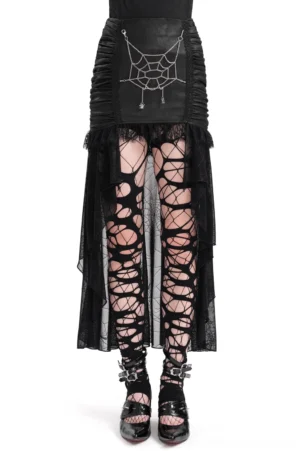Black asymmetric spider web gothic skirt front view with silver chain spiderweb embellishments and lace trim