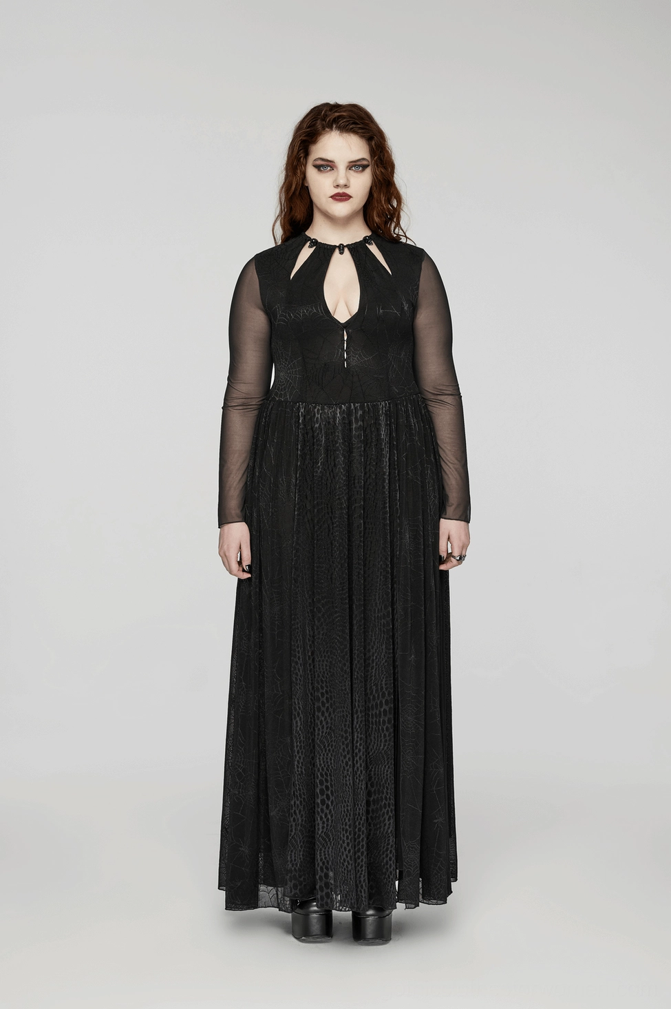 Black gothic spiderweb dress alternate angle showing overall silhouette, mesh coverage and dramatic styling