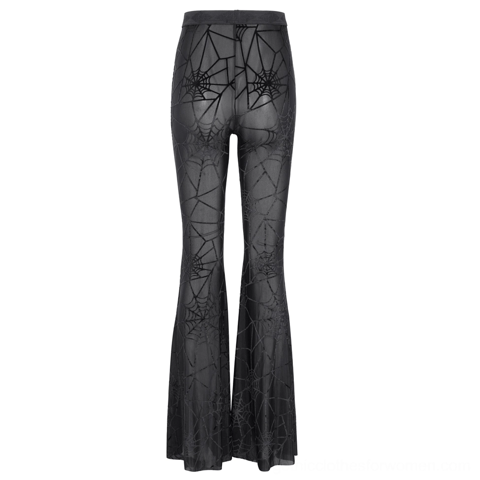 Black sheer spiderweb flare pants flat lay rear view - flared hem and velvet spiderweb pattern